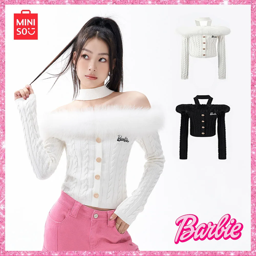 

2024 Miniso Barbie New Pure Desire Spice Girl Plush Neck Hanging Twisted Flower One Shoulder Knit Sweet Top Gift