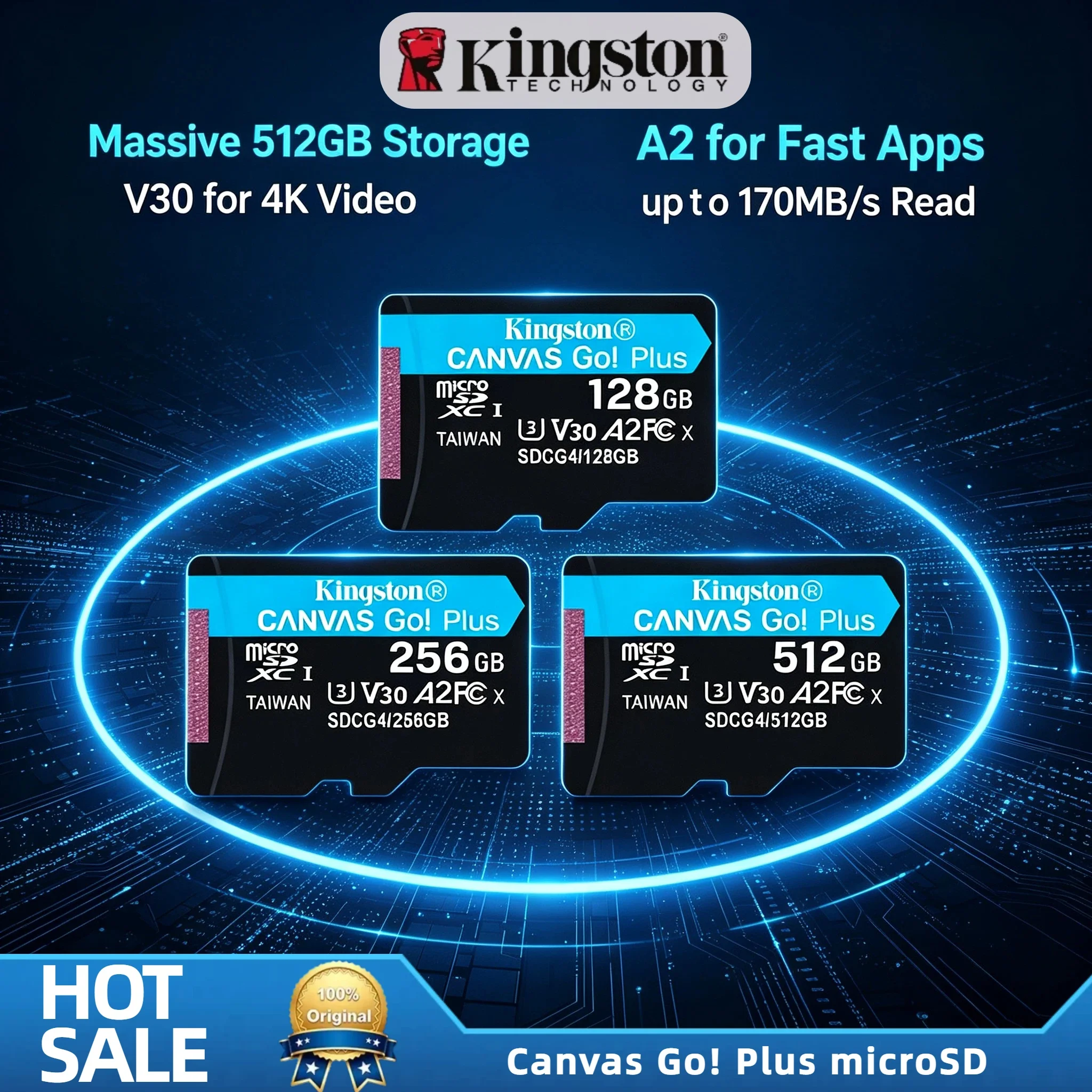 Kingston 256GB MicroSDXC Canvas Go Plus 200MB/s A2 U3 V30 Class 10 Memory Card for Drone Smartphone 4K Video