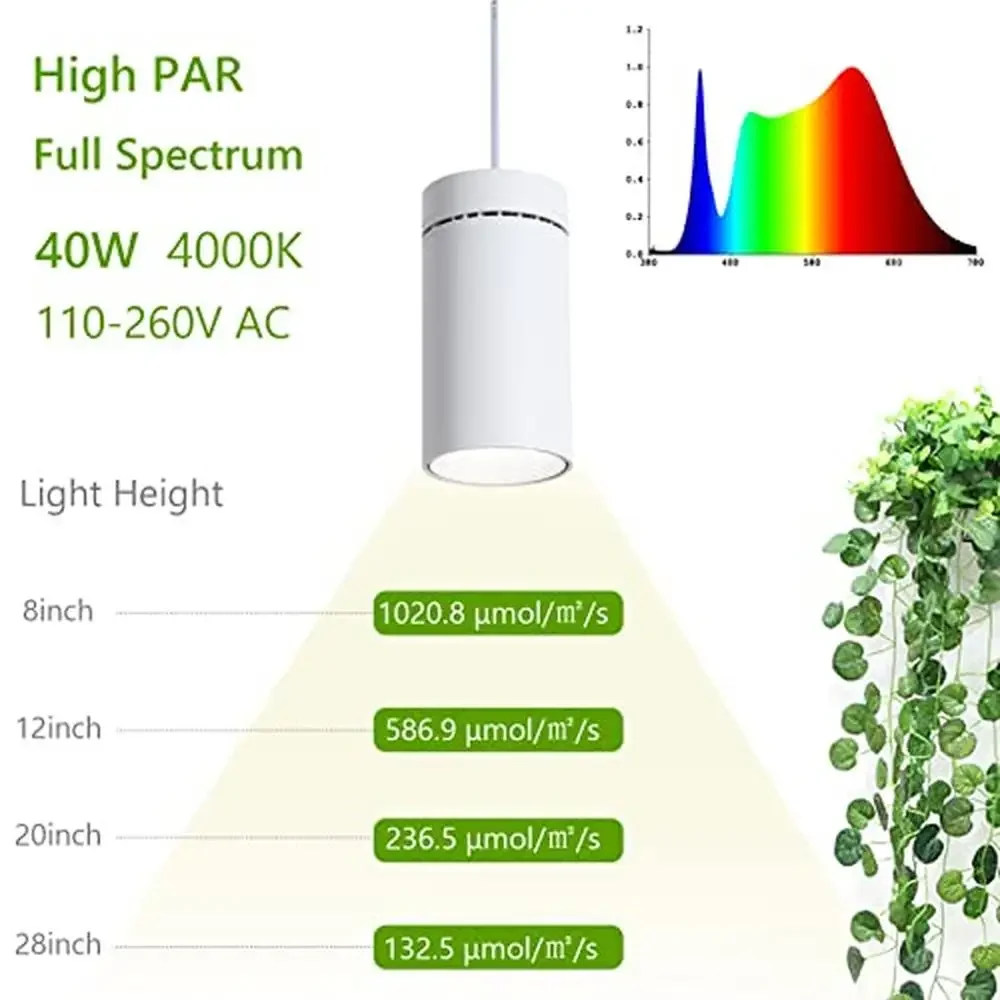 Lampada da coltivazione a sospensione a spettro completo Lampadina LED COB da 40 W Lampada per piante da interno con timer e puleggia Simulazione della luce solare in alluminio bianco Veloce
