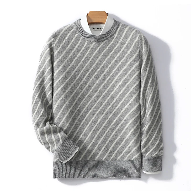 

Men's Diagonal Striped Sweater Youth 100% Pure Wool Sweater Autumn Winter New Loose Versatile Round Neck Color Block Knitwear