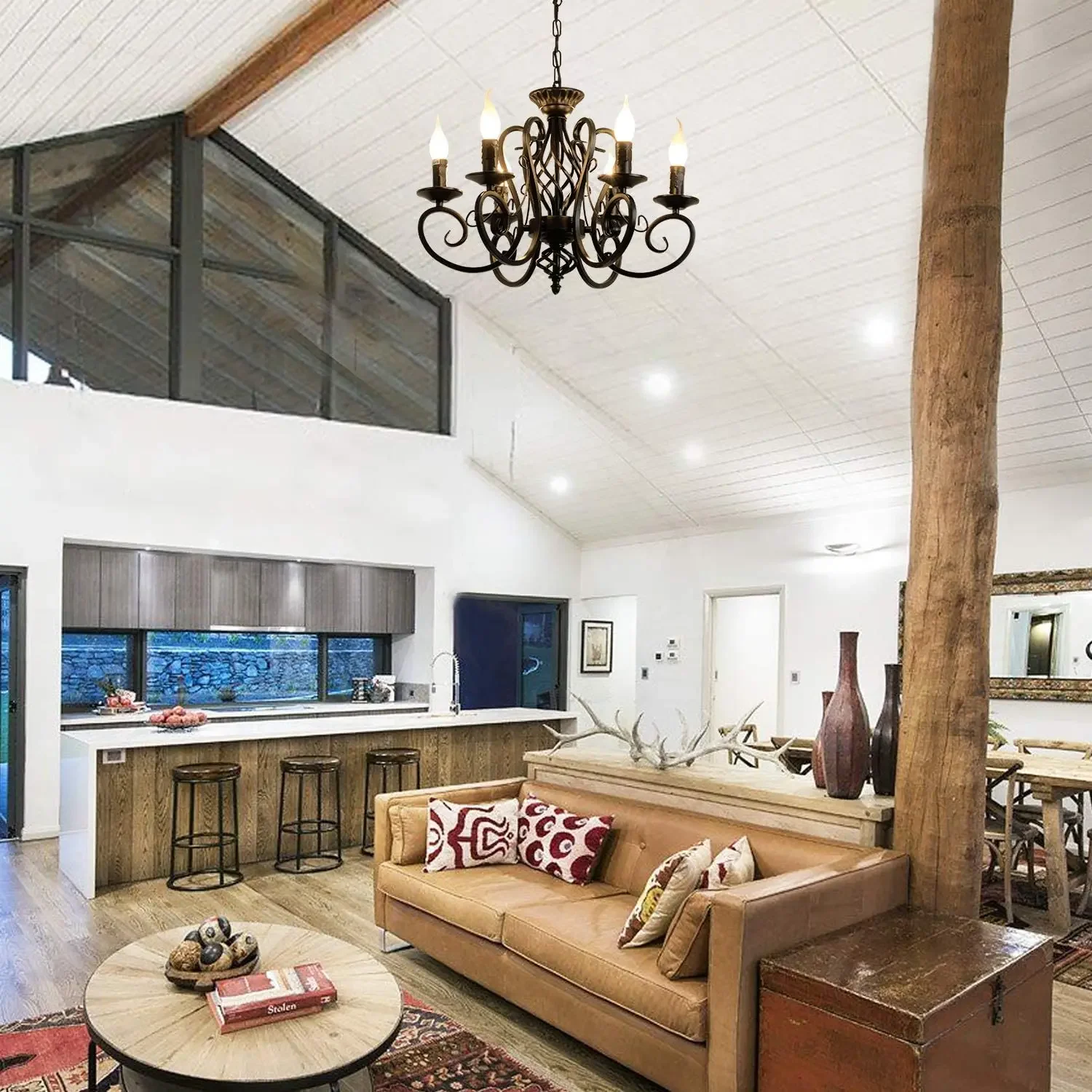 أسود 6-Light البلد الفرنسي الثريا خمر المعادن مزرعة شمعة الحديد قلادة تركيب المصابيح لجزيرة المطبخ #4