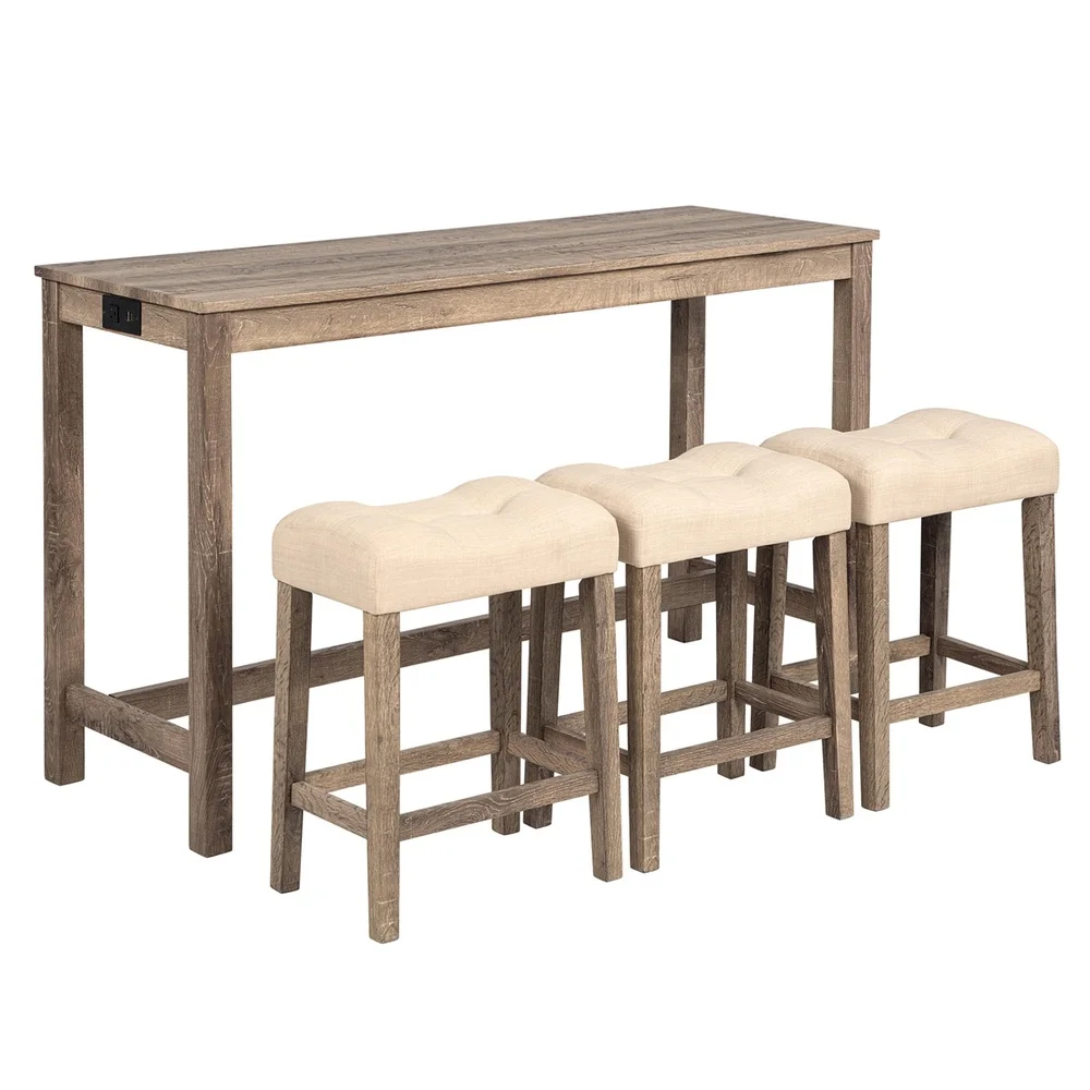 4 Piece Bar Table Set with USB Power Outlet and 3 Padded Stools Dining Room Kitchen Compact Space Saving Design