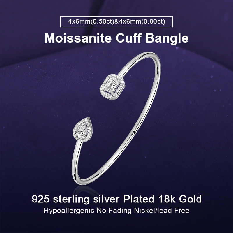 IOGOU 0.5CT Pear Cut&0.8CT Emerald Cut Twin Diamond Moissanite Cuff Bangle for Women Luxury Original Pure 925 silver Party Gift