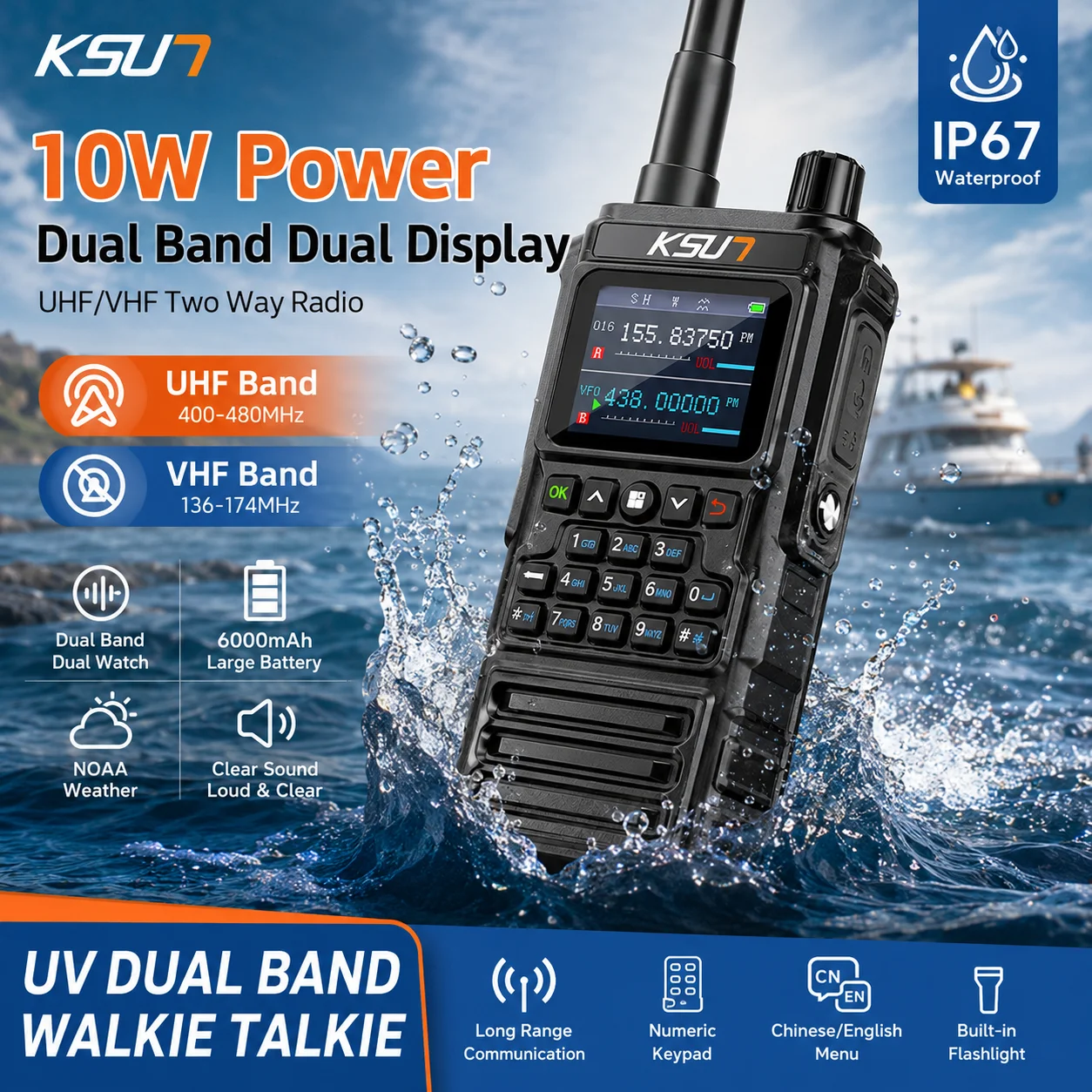 

Long Range Professional Walkie Talkie IP67 Waterproof UHF VHF Dual Band Portable Outdoor Industrial Handheld Radio KSUN UV168P