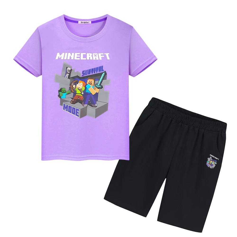 

Футболка Minecraft из 100% хлопка, детский костюм, кавайные футболки, футболки с аниме, спортивные комплекты для мальчиков и девочек, топы из 2 предметов + короткая детская бутиковая одежда