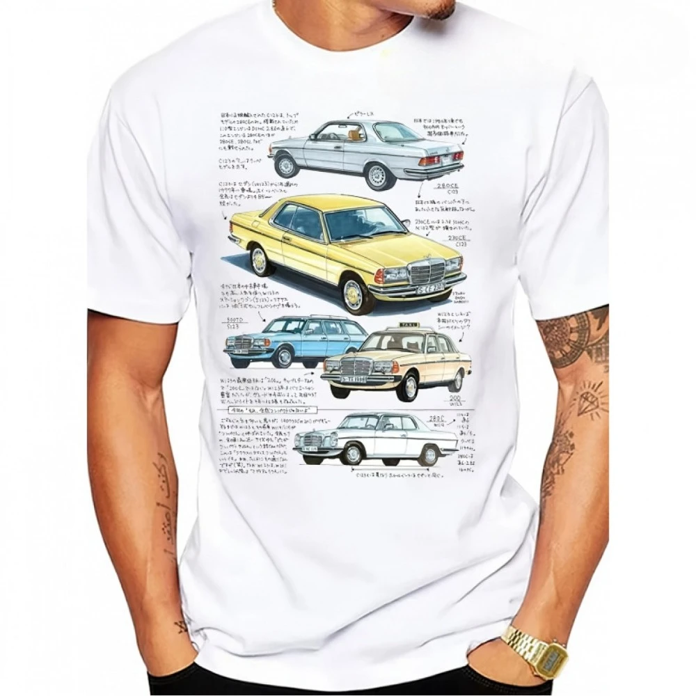 Men's Vintage 80s Retro Car Model T-Shirt Classic Auto Design White with Black Vintage Tee  Men's T-shirts for Summer