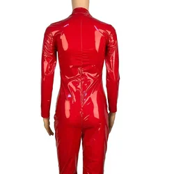 Shiny Patent Leather Jumpsuits Women Zipper Open Crotch Bodysuits Long Sleeve Nightclub Dance Overalls Bodycon Exotic Custom