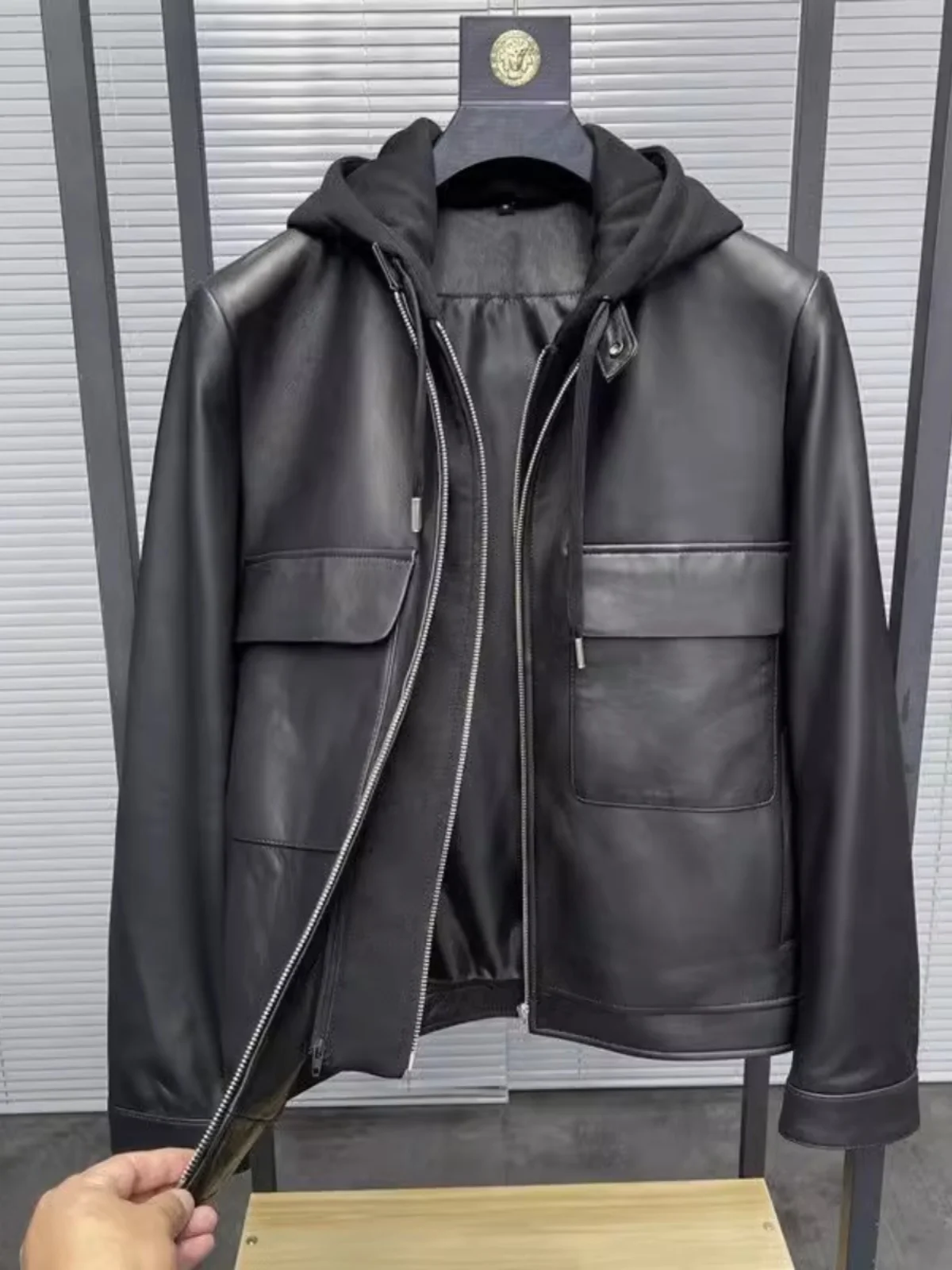 

Men's Biker Leather Jaet High-End Busin Casual Detachable Hood Real Leather Jaet Coat ort Sle Faion Urban Youth