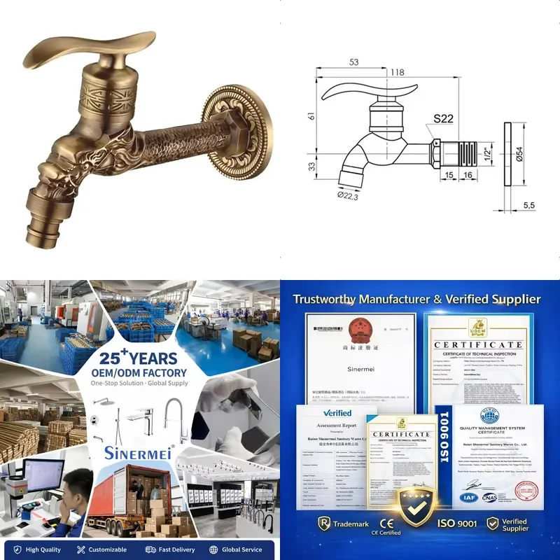 for Antique Brass Dragon Pattern  Wall Mounted Bathroom Outdoor Washing Machine Faucet Garden Faucet Single Cold Water