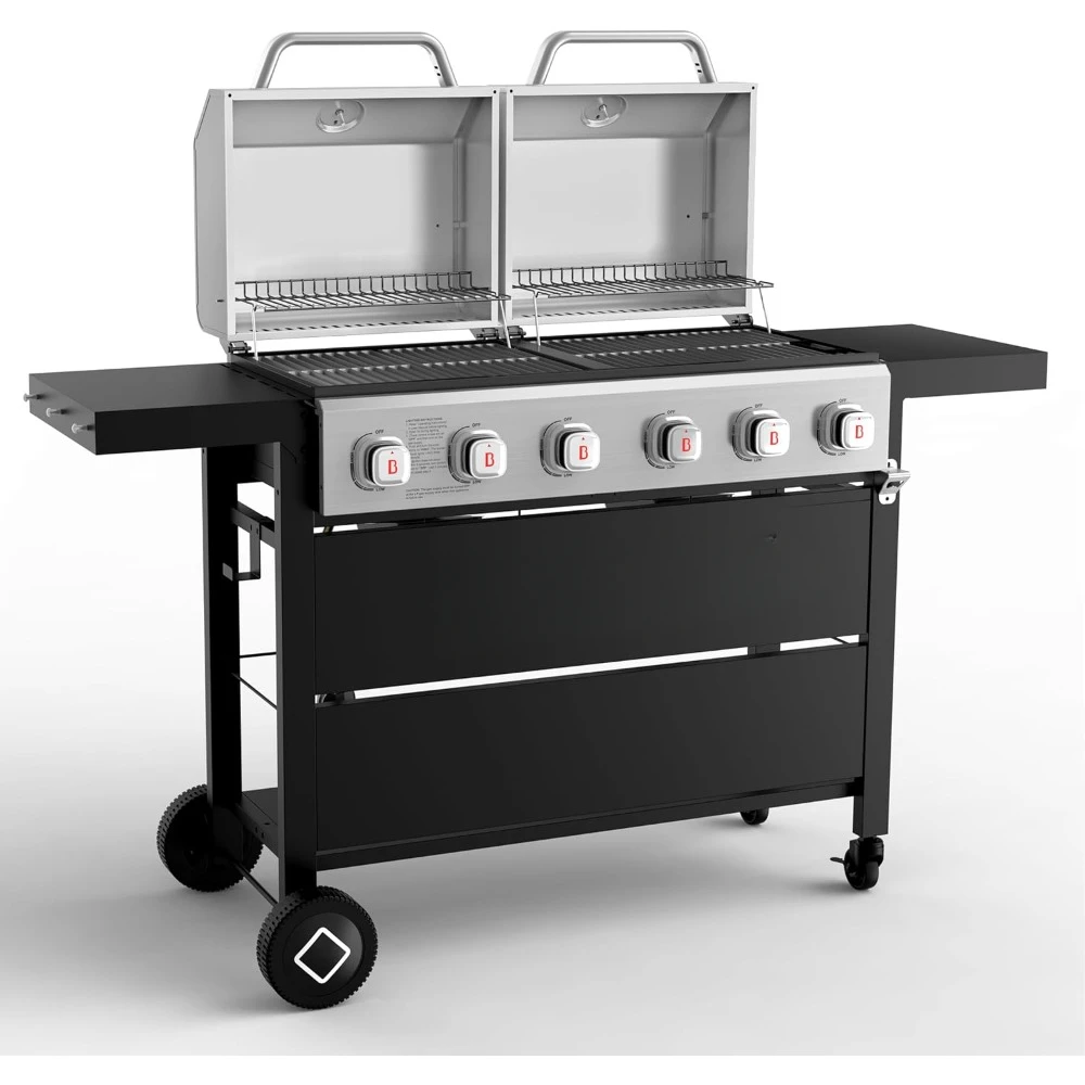 

6-конфорочный газовый гриль на пропане, гриль-барбекю с двойными крышками из нержавеющей стали и складными боковыми полками для уличной кухни и заднего двора