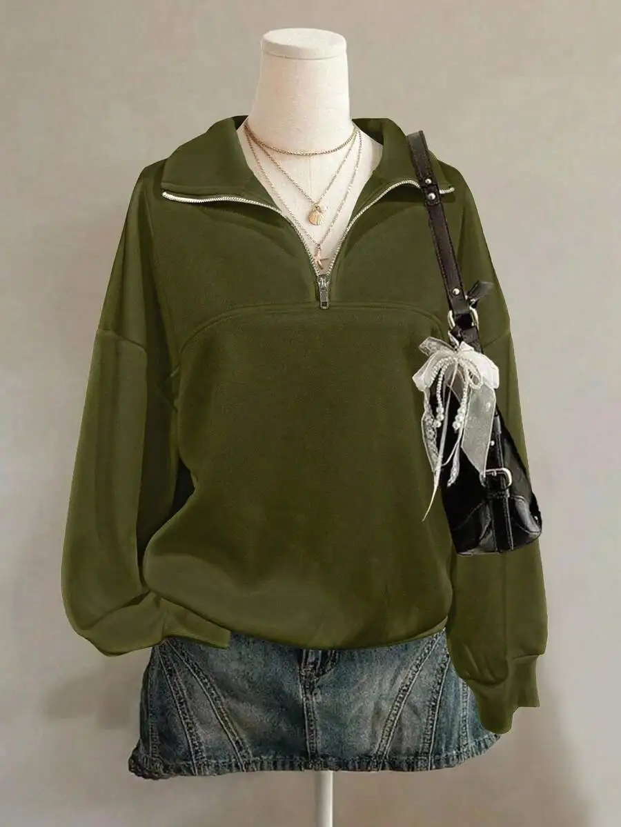 

Olive Green Drop Shoulder Half-Zip Pullover Sweatshirt for Women