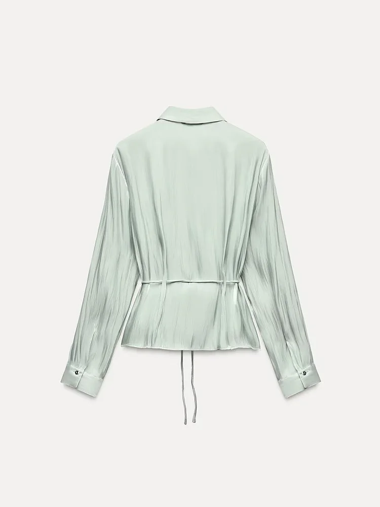 Csa Fena de Manga Longa Nova Coleção Primavera ZA2025 com Efeito Fla, Cintura Ajustável com Cordão, Estilo Casual, C...