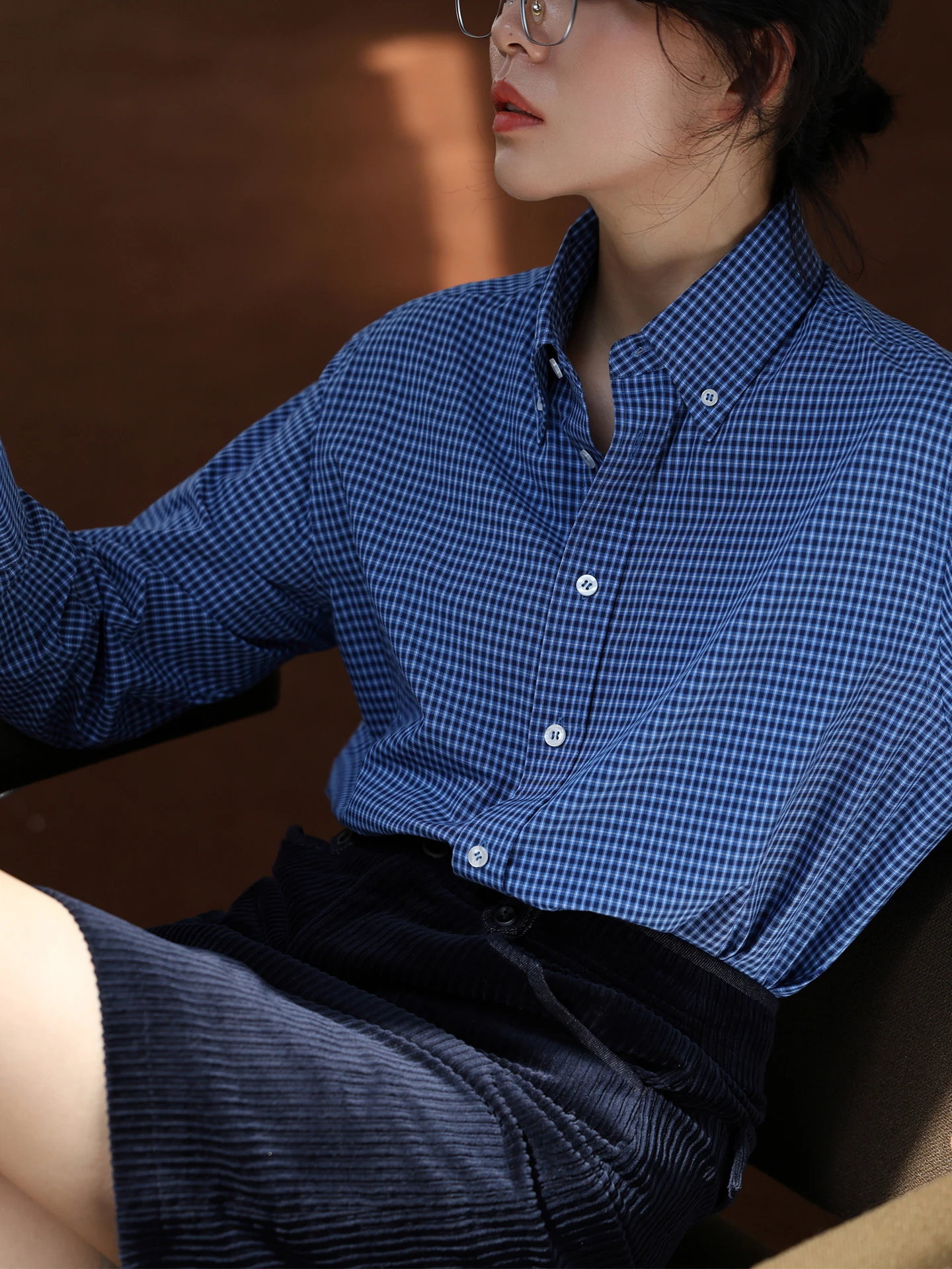

Retro Blue Plaid Cotton irt Loose Fit Women's Office Wear Spring Early Morning Breathable Comfortable Long Sve Button up