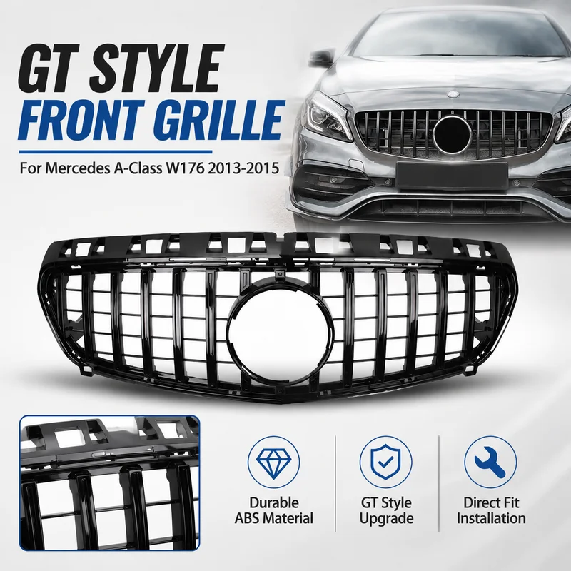 For Mercedes-Benz A-Class W176 Pre-facelift GT Style Black Vertical Bar Front Grille 2013-2015 Modification Accessories