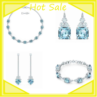 High Quality Original Sparkling Necklace with Logo, Earrings and Bracelet Set, Aqua, Ladies' Jewelry Set in Leaf Shape, Elegant