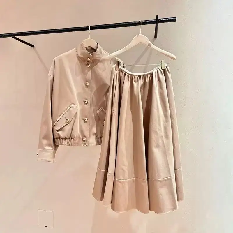 

Khaki Set Women Stand Collar Single Breasted Loose Coat + High Waist A-Line Midi Skirt Minimalist Retro Suit