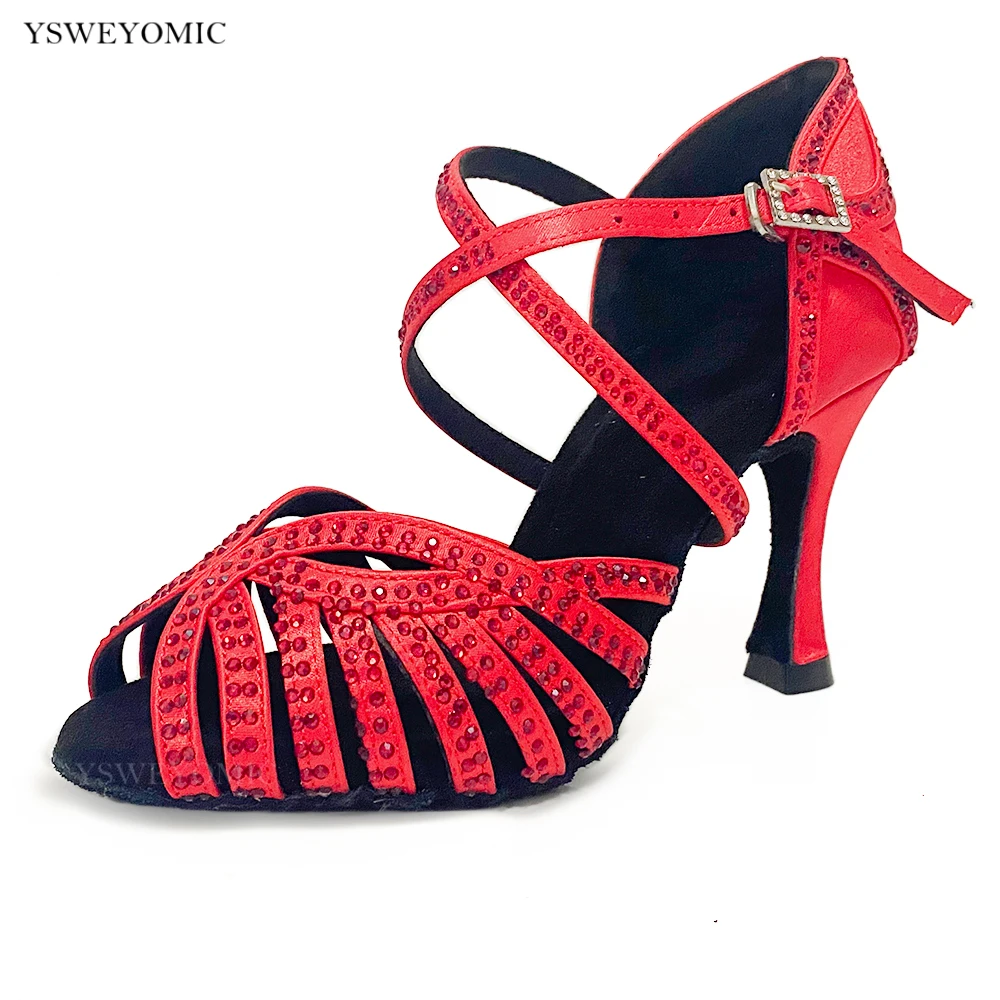 Red Rhinestones Red Satin Customized Indoor Outdoor Latin Dancing Shoes 2023 New Style Latin Ballroom Salsa Party Shoes For Girl