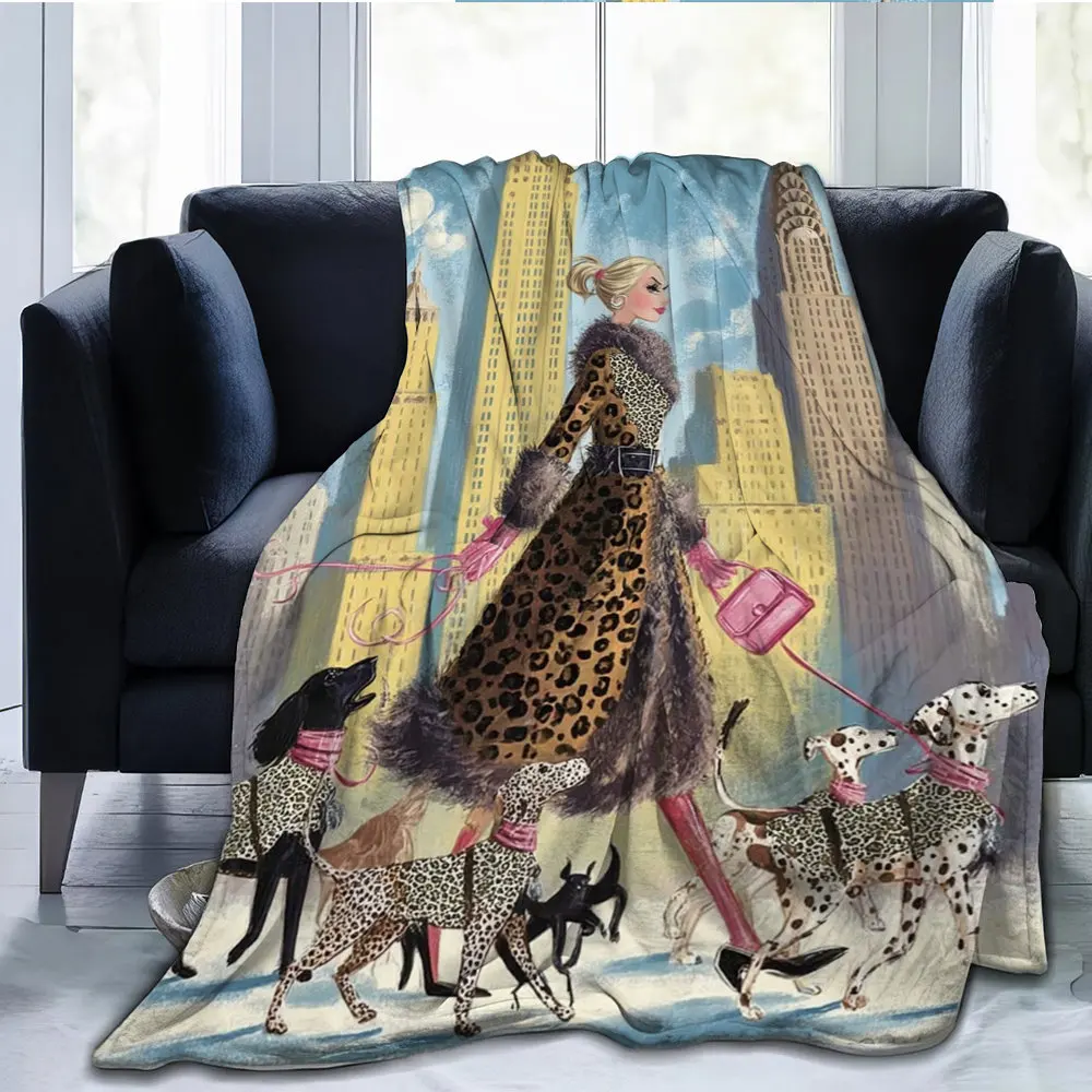 Fashionable Dog Walkers Flannel printed blanket suitable for all seasons suitable for living room office sofa and travel