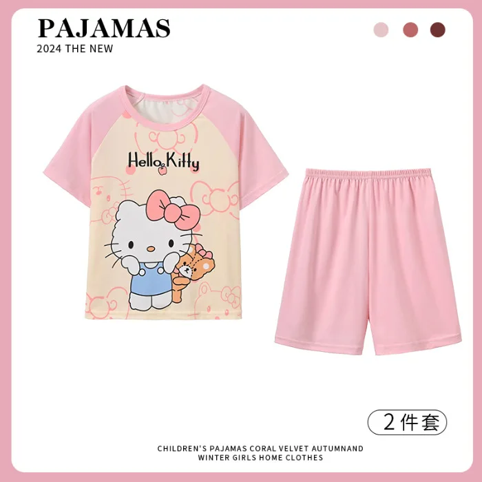 2024 Hello Kitty Sanrio Pompompurin Children Pajamas Kawaii Anime Cinnamoroll My Melody Short Sleeve Girls Heart Summer Kid Gift