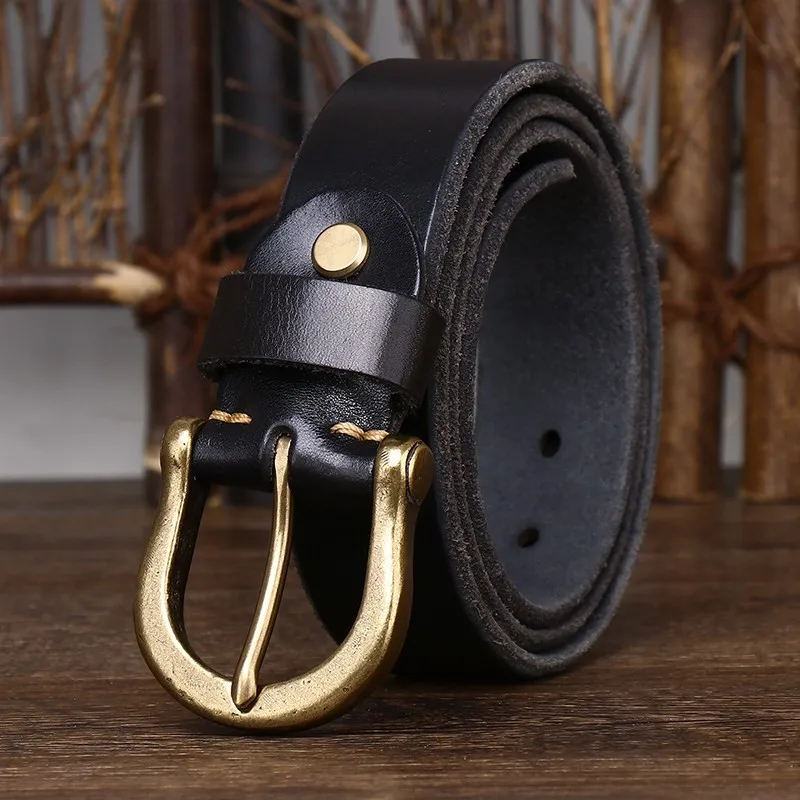 New thickened top-grain cowskin belt with leather pin versatile men's