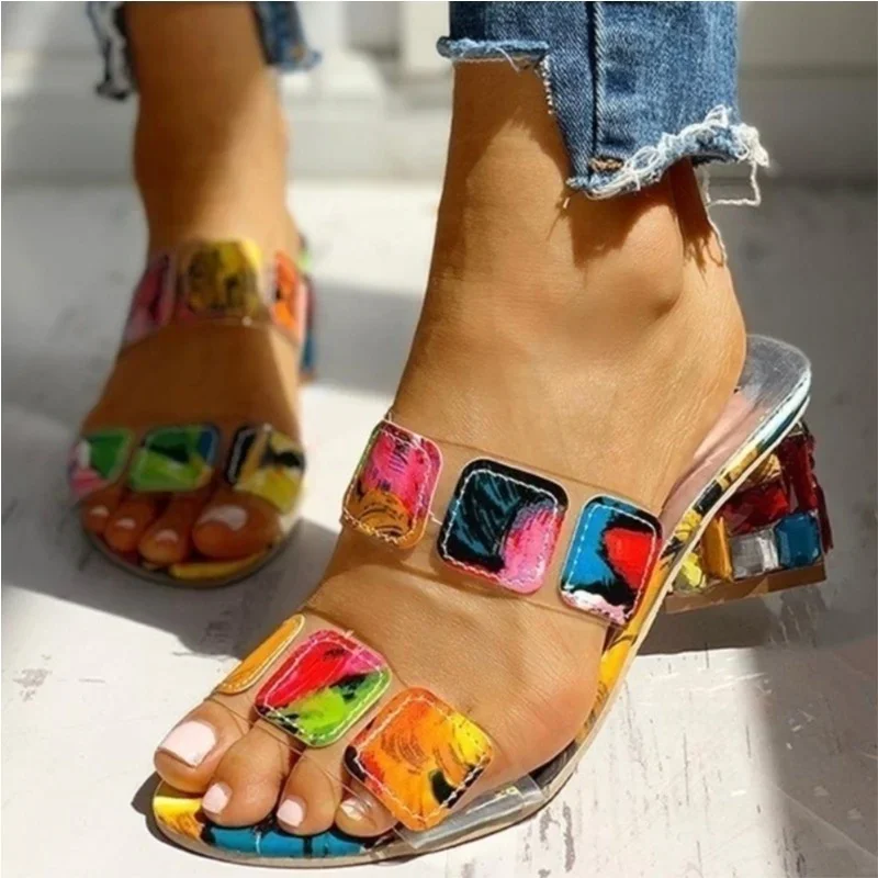 Sandals for Women Square Heels Summer Sandals Peep Toe Ladies Multi Colors Heeled Shoes Female Sandalias Outdoor Slippers