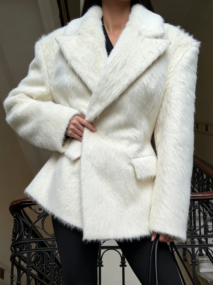 Women White Fuzzy Wool Blazer Notched Lapel Double Breasted Fluffy Thick Winter Elegant Coat