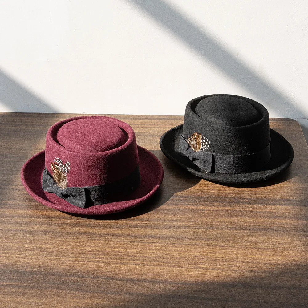 

Осенне-зимняя модная шерстяная шляпа с бантом и перьями, повседневный топ с кольцом, теплый цилиндр, ретро британская фетровая шляпа