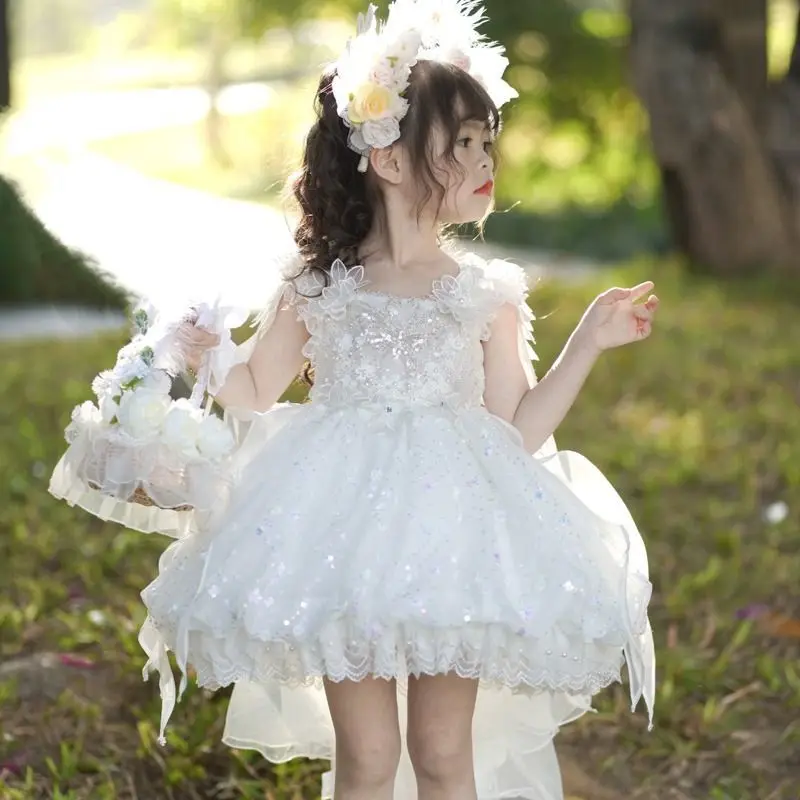 

Baby Girls Summer Sweet Lolita Shiny White Lace Floral Princess Ball Gown Bow Gauze Dress Wedding Party Children Eid Clothes