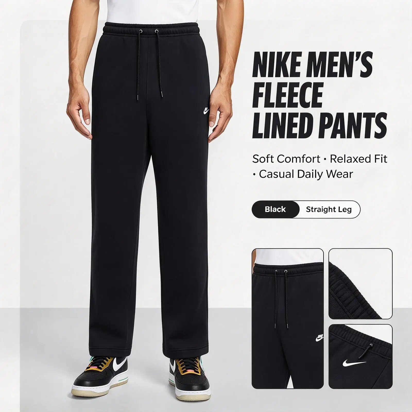 Nike Fleece-Lined FN3732-010 Men Knit Pants, Soft Drawstring Straight Leg Casual Trousers for Daily Lounge Training