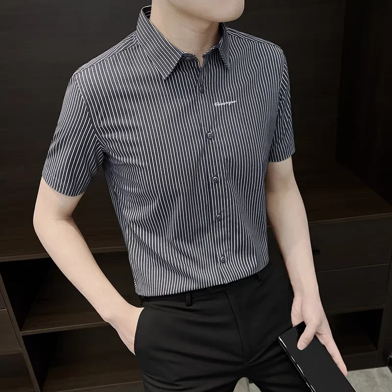 

Black Plain Man Shirt Short Sleeve Striped White Vintage with Sleeves Silk High Quality Luxury Aesthetic Collar Shirts for Men