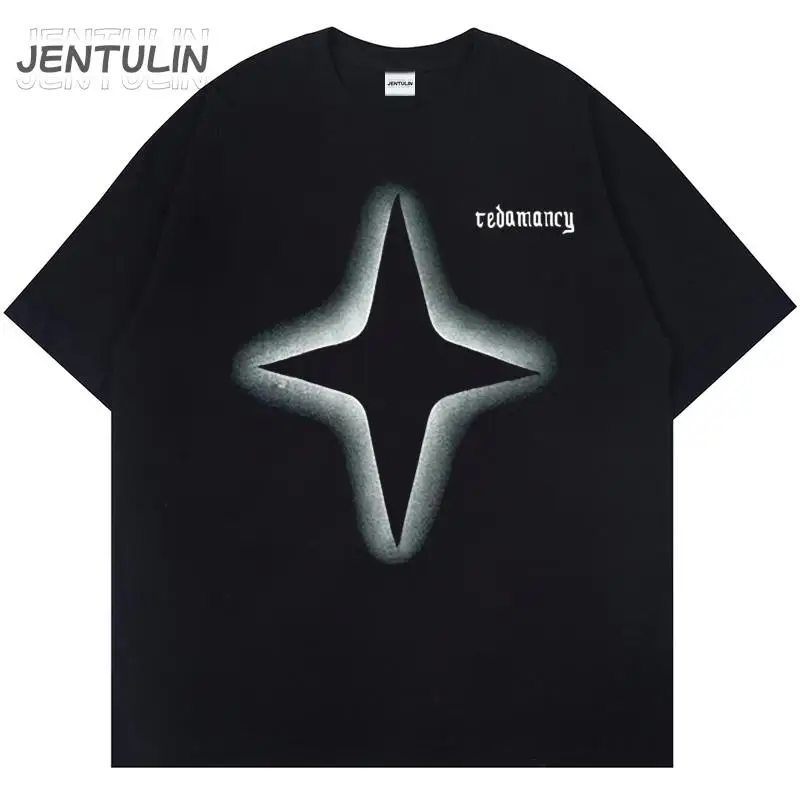 Kpop Streetwear Grunge Aesthetics Short Sleeve T-Shirt Oversized Goth Vintage Star Graphic Hippie Harajuku Men Clothing Y2K Tops