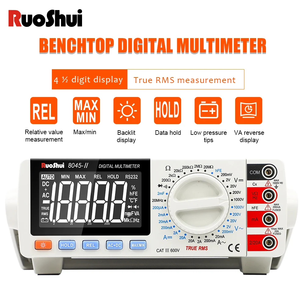 

RuoShui 8045 Digital Multimeter True RMS 20000 Counts Desktop Tester Auto Range Multimetro AC DC Voltmeter Ohmmeter Multimetro