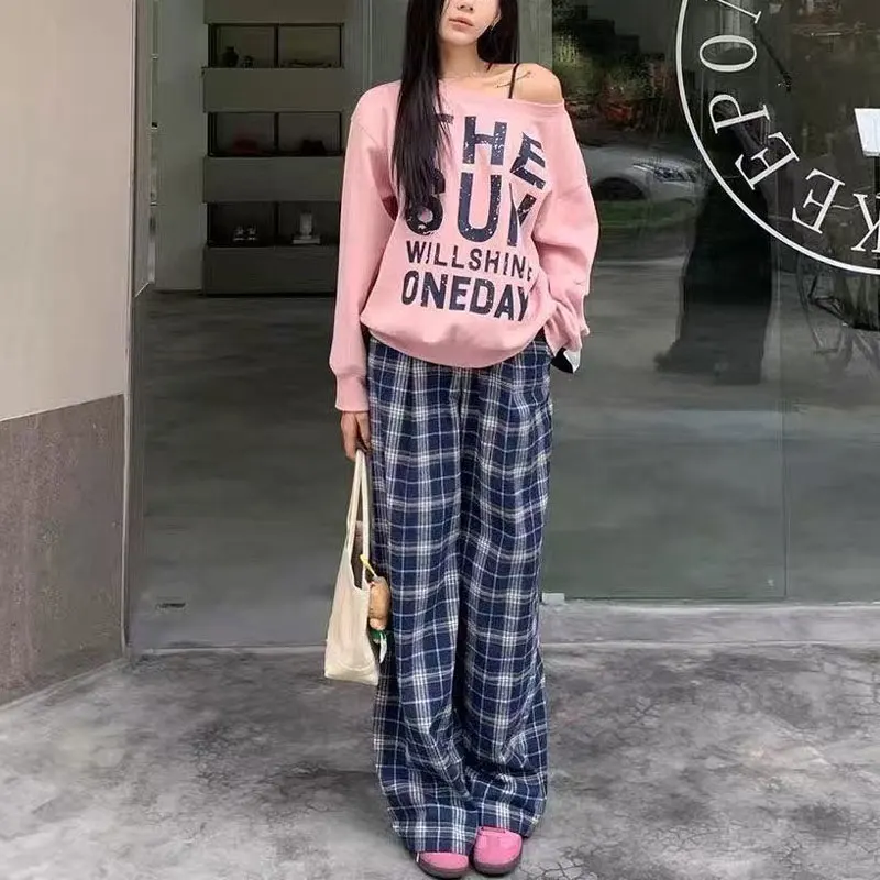 Casual Skew Collar Loose Sweatshirts Women's Clothing American Letter Spring Autumn New Printed Fashionable Off Shoulder Hoodies