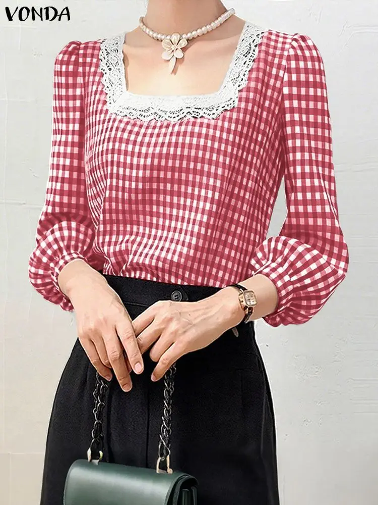 

VONDA Fashion Plaid Tops Autumn Women Blouse 2025 Elegant Square Collar Lace Office Lady Korean Shirts Casual Loose Blusas Femme