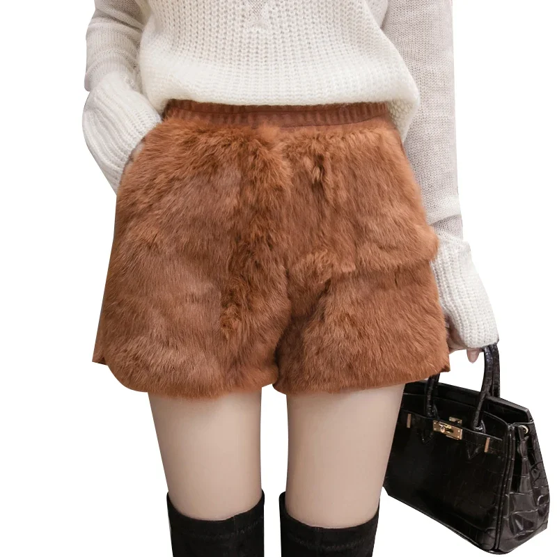 Winter Warm Real Rabbit Fur Shorts Thermal Wool Short Trousers Fashion Luxurious High Street Casual Black Short Pants 2023 New