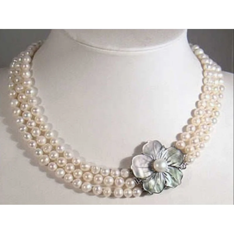 >>>VERY CHARMING 3 ROW 8-9MM AA+ WHITE AKOYA NATURAL PEARL NELACE 17INCH - 19 IN