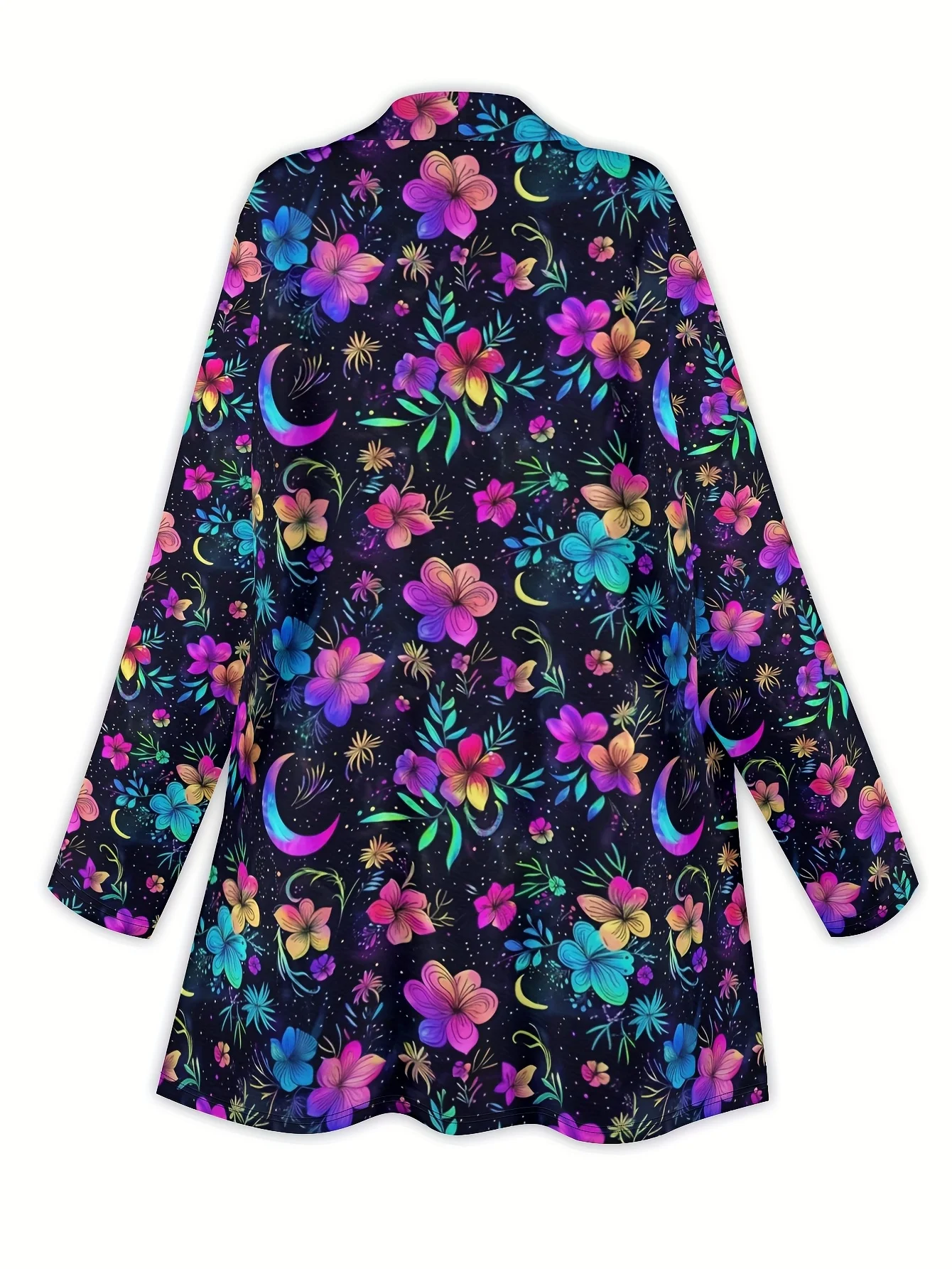 패션 여성용 3D 프린트 네온 꽃 긴 소매 카디건, 폴리에스테르 오픈 프론트, 경량 커버업, 봄 가을 캐주얼 코트