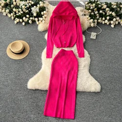 Sexy knit Pieces Sets High Waist rhinestone zipper Cardigan with skirt Women Vacation Summer knit Sets