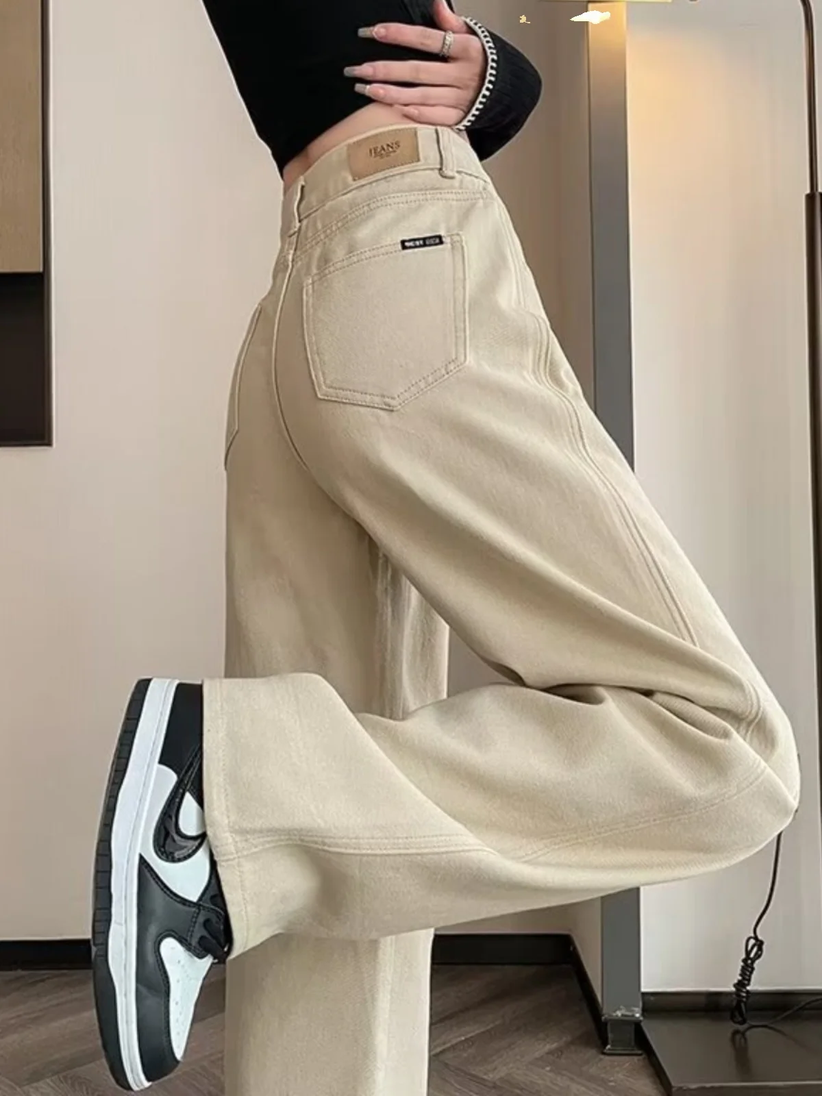 

Прямые джинсовые брюки цвета хаки с высокой талией, женские весенне-осенние длинные брюки, свободные утягивающие драпированные широкие брюки длиной до пола