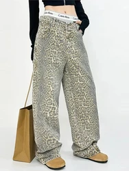 HOUZHOU-pantalones vaqueros de leopardo para mujer, pantalón de pierna ancha de gran tamaño, ropa de calle de Hip Hop, ropa Vintage, suelta e informal