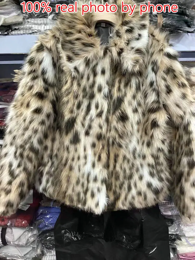 Women\'s Leopard Print Faux Fur Coat, Lapel, Long Sleeves, Side Pockets, Casual, Loose, Slim, Thick, Warm, Winter, New, 2025