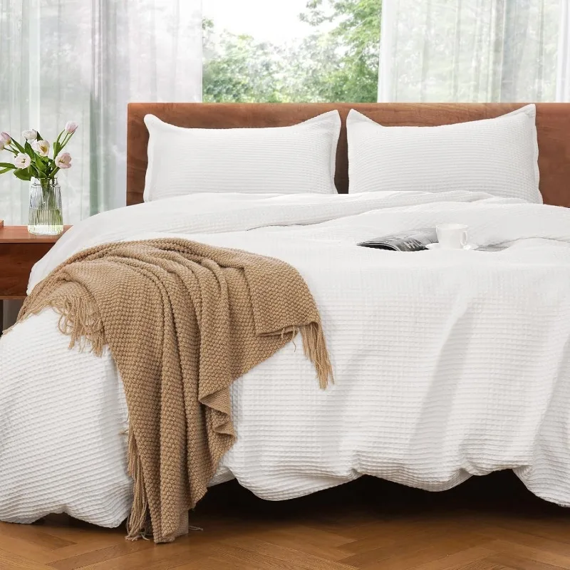 Duvet Cover Set King Size 100% Cotton,White Waffle Weave Soft and Breathable 3 PCs Bedding Set (1 Duvet Cover and 2 Pillow Sham)