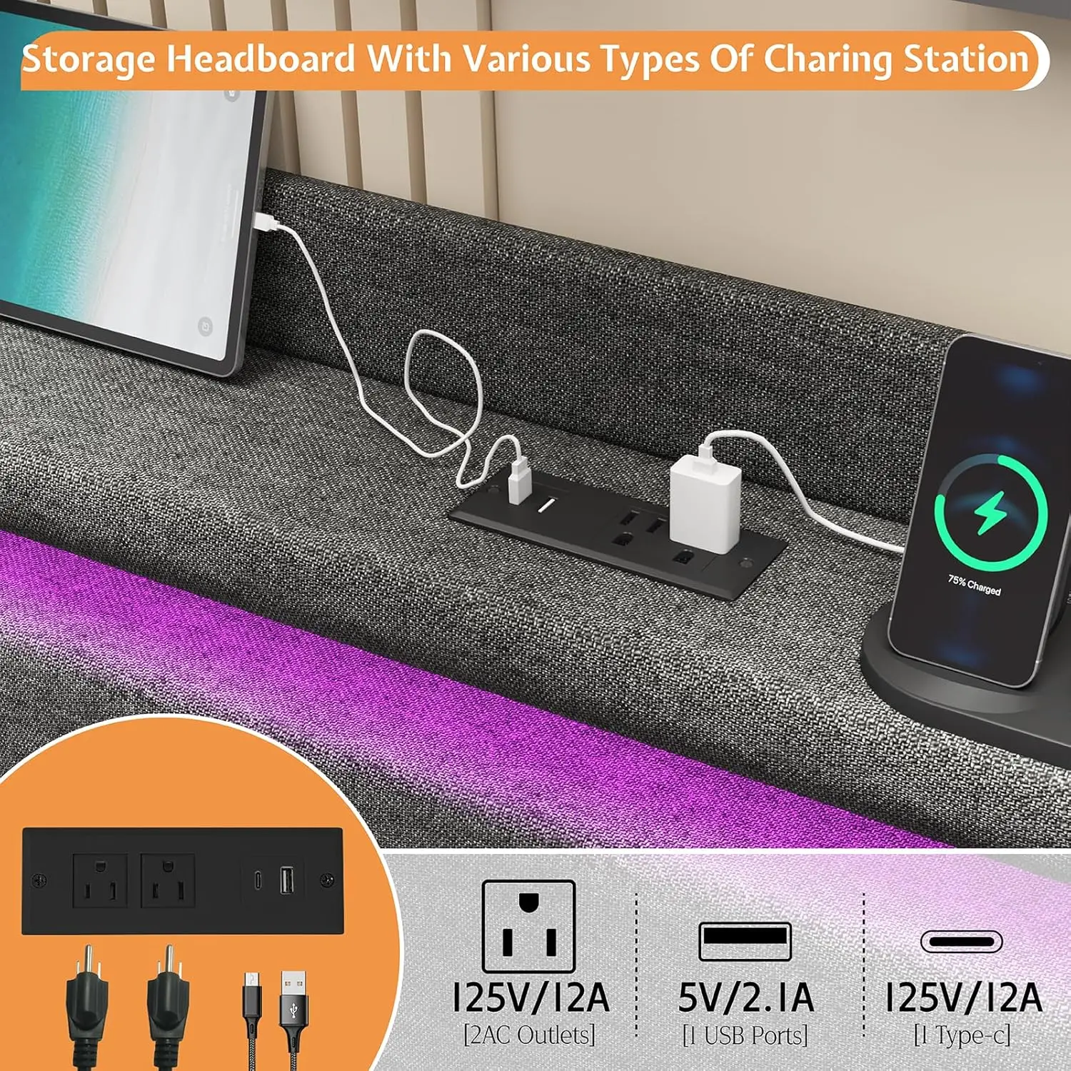 Bed Frame Full with LED Lights, Upholstered Platform Bed with Charing Station & Storage Wingback Headboard, No Box Spring Needed