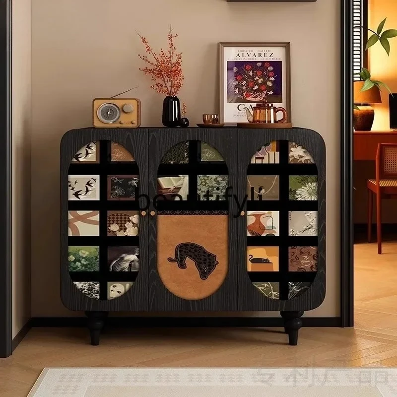 

French medieval solid wood dining side cabinet painted entrance cabinet storage locker customization