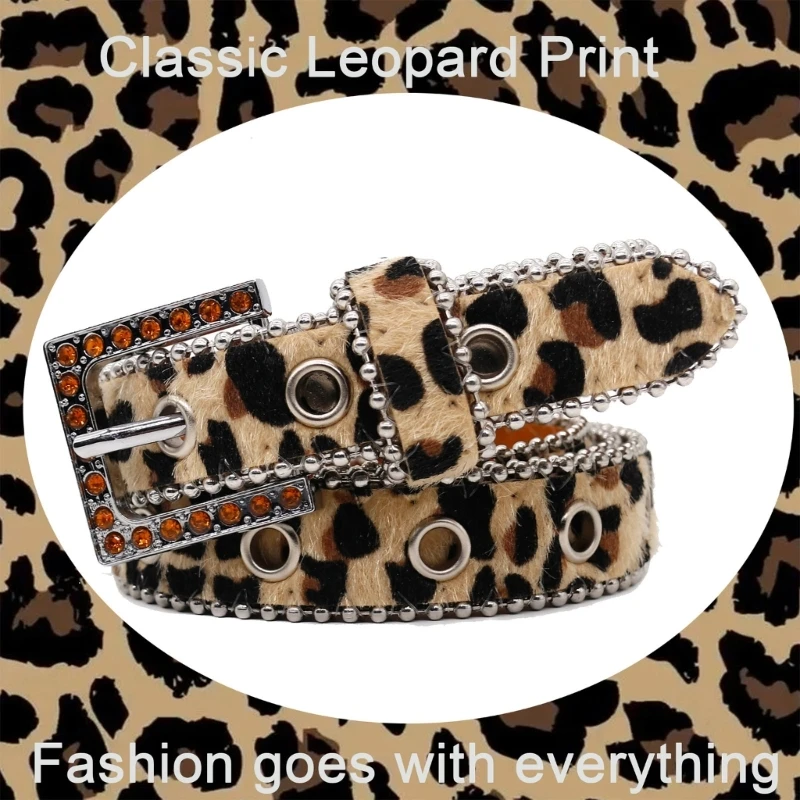 Unique Waist Belt Leopard Print Chain for Cowboy Cowgirl Stylish Rhinestones Retro Studded Buckle Waist Chain Belt