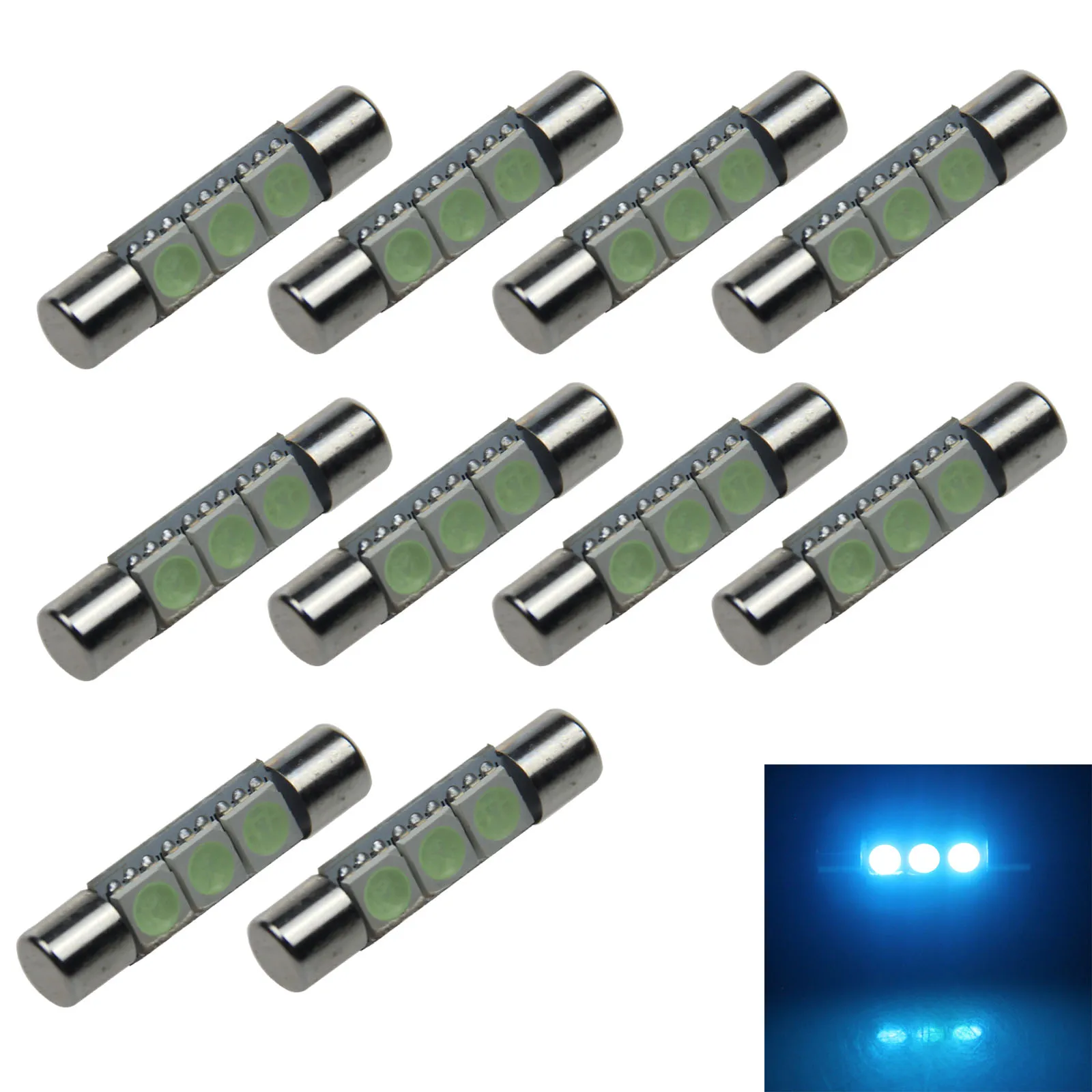 10x Buz Mavisi OTOMATİK T6.3 Sigorta Lambası Ayna Işığı 29 MM 3 Verici 5050 SMD LED 6614 TS-14V1CP Z21206