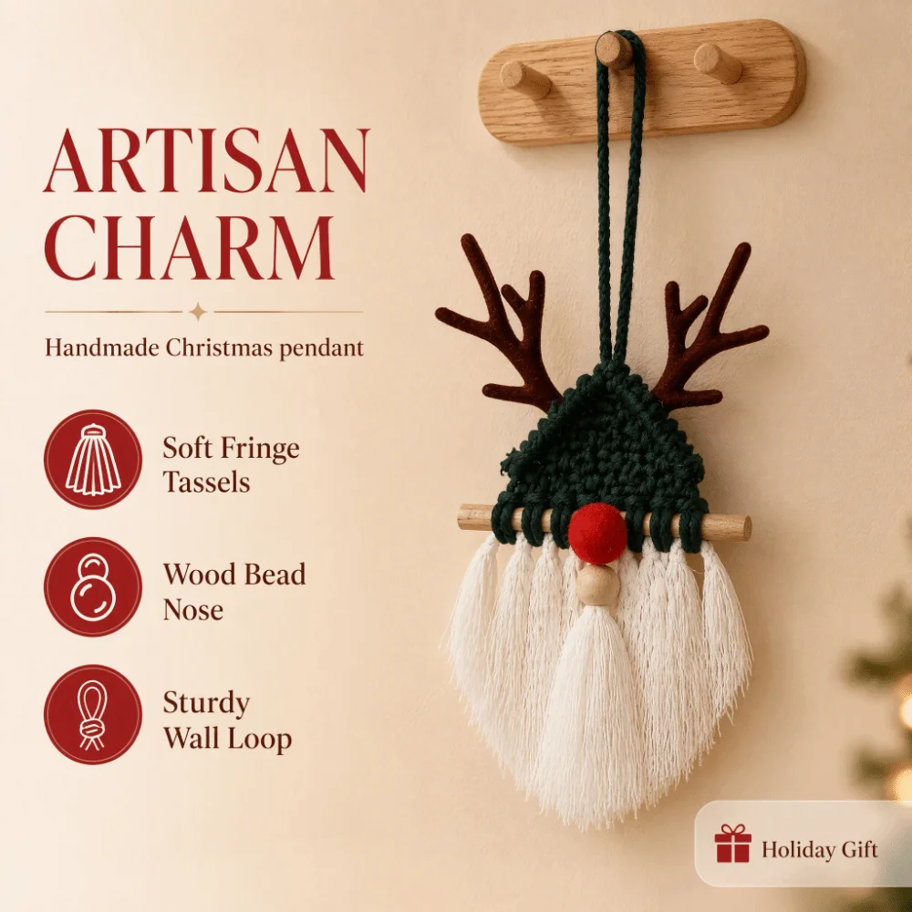 Bohemian Style Wall Decorative Tapestry Handwoven Deer Macrame Wall Hanging Wall Art Tassel Christmas Tree Tapestry Bedroom