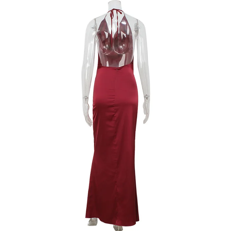 Low-cut Neck Swing Collar Sexy Halter Burgundy Slim Temperament Satin Dress 2026 Fashion Street Trend Spring New Product