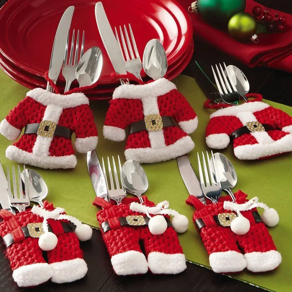 Protect Your Tableware and Add a Charm to Your Christmas Dinners with 3 Sets of Spoon Fork Bag Skirt Pant Cutlery Holders