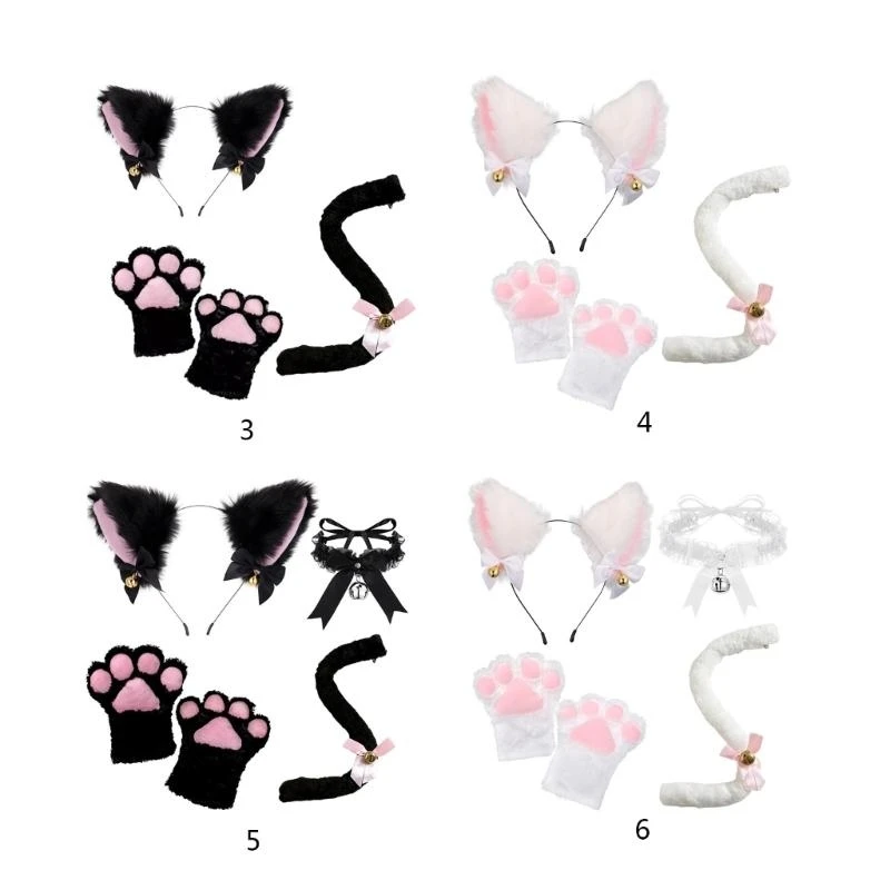 3/4pcs Katzen kostüm für Kinder-Katzen ohren Stirnband Schwanz Schwanz Glocke Choler Handschuhe Halloween Party Tier Cosplay Zubehör – Detail 8